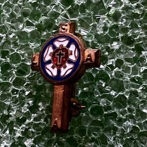 Vintage Christian Cross Enamel Gold Tone Petite Medal Pin